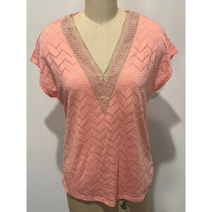 Women's SHEIN Coral laser cut V-Neck embroidered trim Short Sleeve Tee S